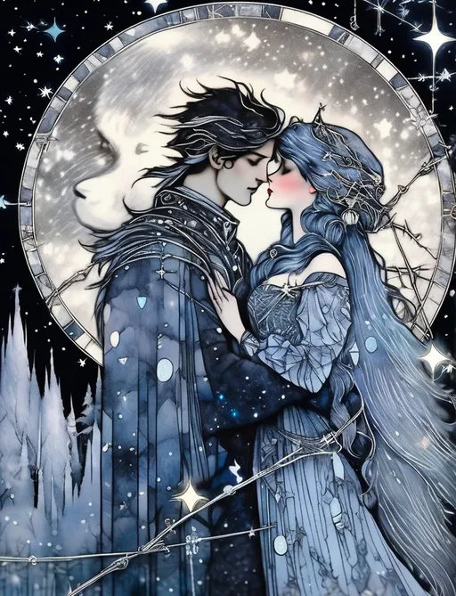 Prompt: the wolf of winter and the patchwork girl, a patchwork girl embracing the wolf, constellations, quiet and sad, Fantasy art by arthur rackham, by virginia frances sterrett, intricate detail, moonlight, color infrared photography, trending on artstation, stars, by gustav klimt, 16k, barbed wire constellations 