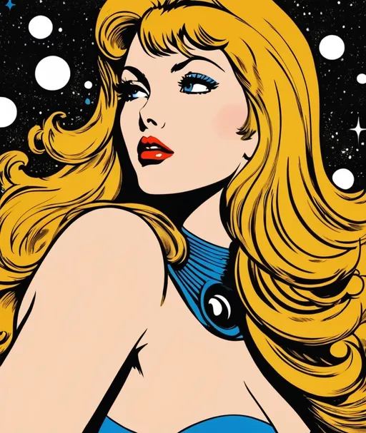 Prompt: barbarella, comic style, side view, halftone, pointlism, bentoism, by roy lichtenstein and jack kirby 