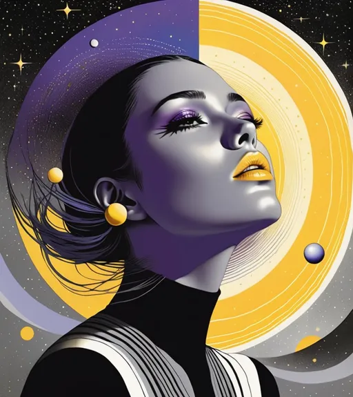 Prompt: **surrealistic illustration of a female watching the heliocentric setting sun, gray, yellow and blue, purple, black 