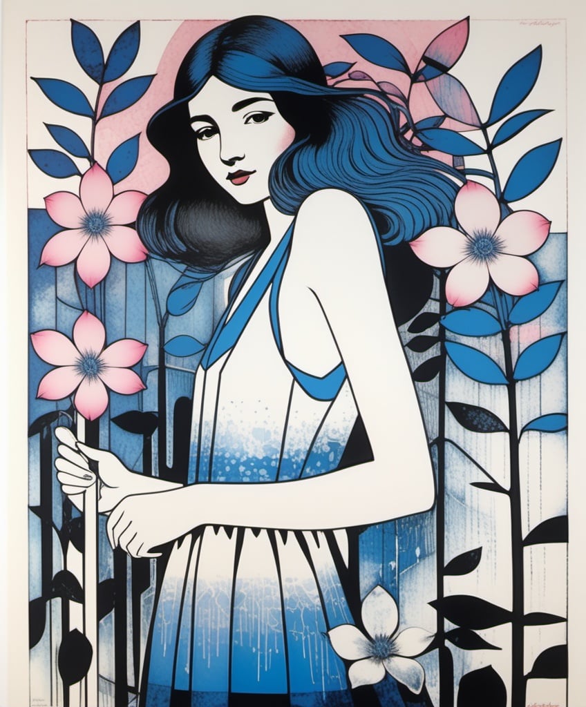 Prompt: Lithography print, fine lines, blue to rose gradient colors, Javier Mariscal, Charles Rennie Mackintosh, Lee Mullican style, a beautiful whimsical girl, gardenia flowers, encaustic texture.