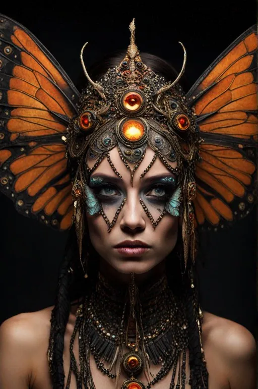 Prompt: butterfly eye, acherontia wing makeup, female priestess headdress 