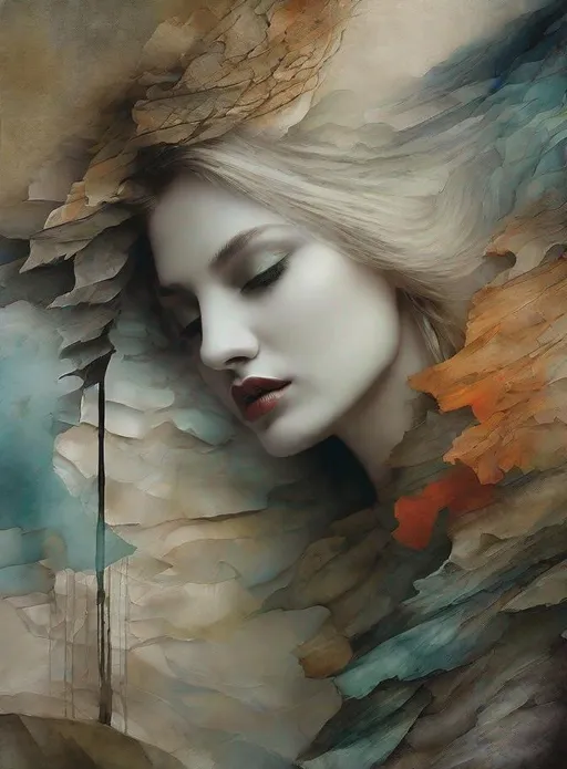 Prompt: She remains a very beautiful intricate tapestry of unanswered questions and tantalizing mysteries, shattered dreams by solitude art by Daria Endresen, Sarah Moon, Alastair Magnaldo, Lin Fengmian, Elger Esser, Rimel Neffati. 3/4 Headshot, 3d, watercolors and ink, beautiful, fantastic view, extremely detailed, intricate, best quality, highest definition
