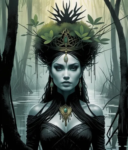 Prompt: a terror criature swamp princess with mangrove crown art by Jacob Aue Sobol, Nick Anderson, Yoann Lossel, Dan Hillier, Peter Lippmann, Abigail Larson