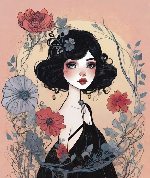 Prompt: hot vs cold, Weird stringy graphic, a simple whimsical unique surrealist illustration of a cute female character named rattanella and she is an adorable precocious little girl and she is sweet and rotten but innocent and she has black hair and freckles and is a bit gothy and her design is unusual shapes and strings and fabrics and flowers melded together into a girl shape that is not a girl and her eyes are tiny sparkly jewels and her lips are the world and her hair is the ocean