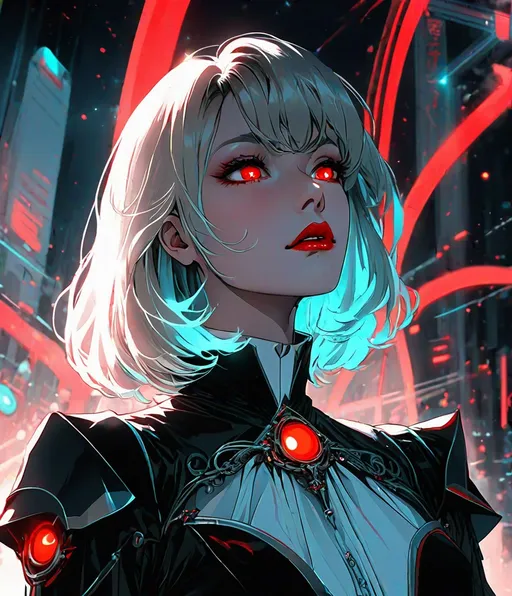 Prompt: scary evil female vampire character looking up at someone using a cigarette, heliocentric, glowing red eyes, in the style of neon hallucinations, mecha anime, arched doorways, animated gifs, dark white and sky-blue, flat areas of color, alois arnegger quality details