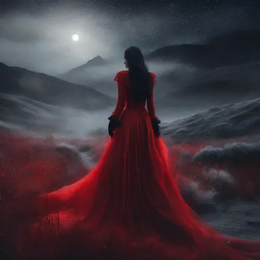 Prompt: Mysterious very beautiful Lady wearing long red silk floating dress with black gloves surrounded by fogg, black hair, pale, whimsical landscape at night starry sky, rim lighting, Grayscale style by William Oxer, Rimel Neffati, Benoit Paille elegant intricate beautiful ultra detailed 4K 3D high definition