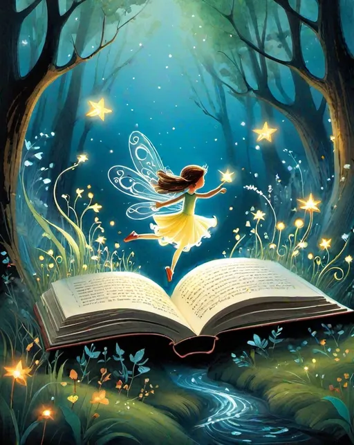 Prompt: Illustrate a whimsical scene where "will-o'-the-wisps" playfully dance among the pages of an open book, bringing the stories within to life.