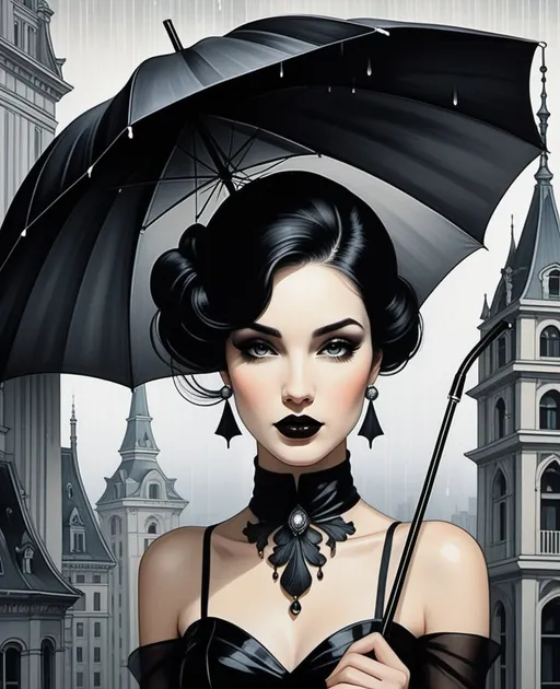 Prompt: illustration of a pretty young lady holding an umbrella, in the style of surrealist-inspired works, gothic neo-pop surrealism, jenny Frison, Hayv Kahraman, Troy Brooks, Lucien Clergue, Cathy Horvath Buchanan, Alan Aldridge, Lotta Jansdotter, vienna secession, off white and black, raining day, metropolis tall buildings background, intricate flowers, jewelry by painters and sculptors, elegant, emotives faces, goth fashion, subtle playfulness