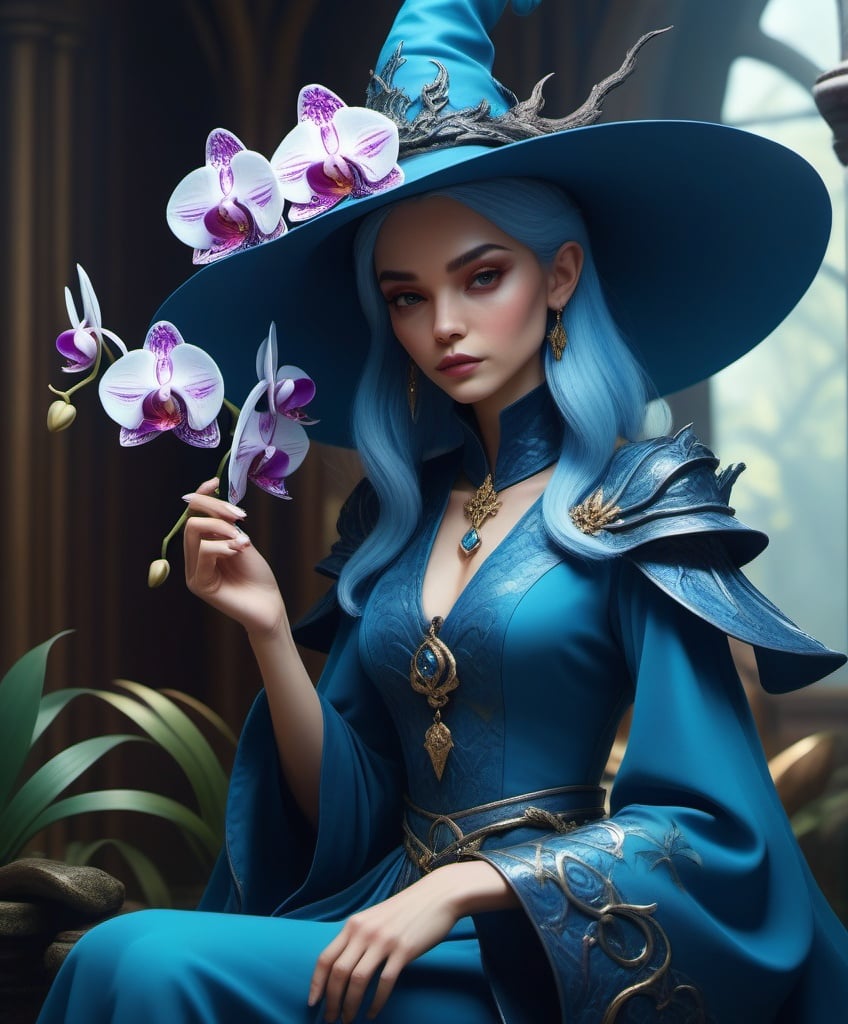 Prompt: A very pretty dreamy orchid witch is so blue, dragons are eating her flowers, style by Stefanie Schneider, John Reuss, Valerie Hegarty, 3d, highest definition, rich colours, trending on artstation, sharp focus, 