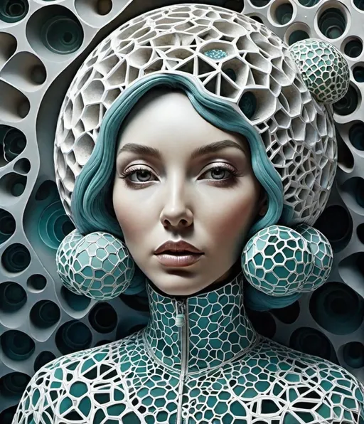 Prompt: I am a beautiful lady geode, geodesic spherostronaut, emotional paranoid, voronoi noise and turing pattern, abstract hyperealistic surreal, in the style of hans bellmer.
