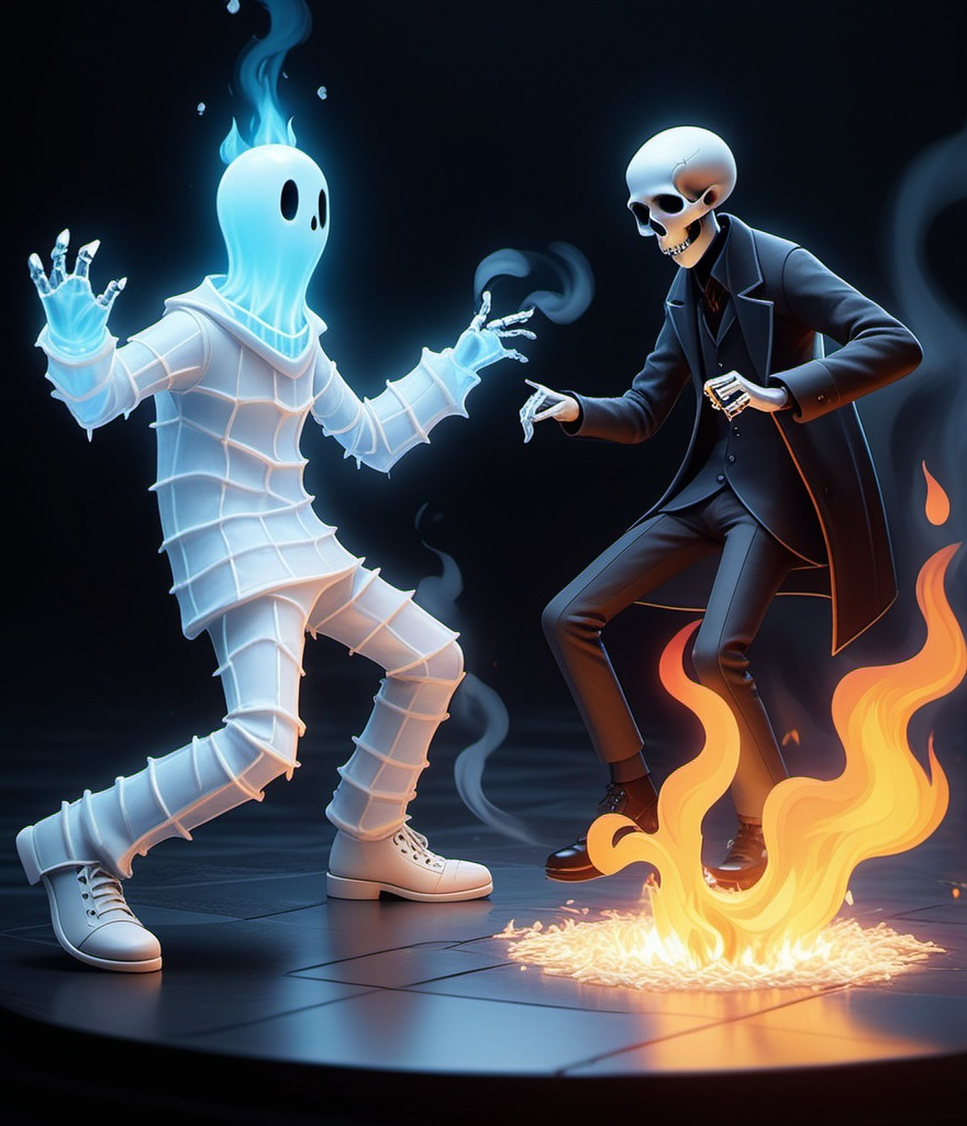 Prompt: a really ice cold isometric ghost dancing with a hot fire mannequin, hot vs cold, tim burton, disney character, pixar, WLOP, art by ChrisWaikikiAI