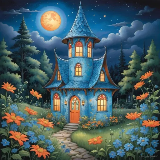 Prompt: Style by Julie Paschkis, Mary Engelbreit, A whimsical and vibrant fairy-tale light blue tower  house with a pointed roof and ornate stained glass windows that emit a warm, inviting glow. Surrounded by giant oversized, vivid orange wildflowers, the dark night sky behind is adorned with twin moons, casting a mystical light on the scene. The cottage's walls have a magical blue texture with hints of natural elements, suggesting an enchantment. Bright blue fireflies dance around the scene, enhancing the otherworldly and enchanting atmosphere.