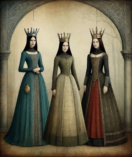 Prompt: beautiful medieval grunge ladies, full length pic , Eva Hesse, Liniers, Catrin Welz-Stein