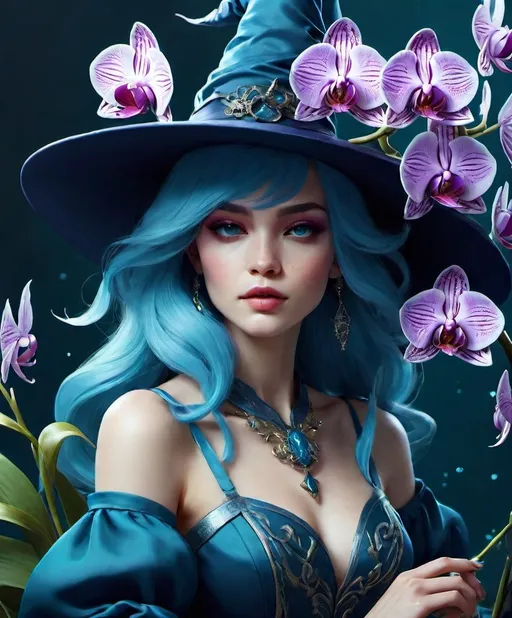 Prompt: A very pretty dreamy orchid witch is so blue, dragons are eating her flowers, style by Stefanie Schneider, Emily Henderson, John Reuss, Valerie Hegarty, 3d, highest definition, rich colours, trending on artstation, sharp focus, 