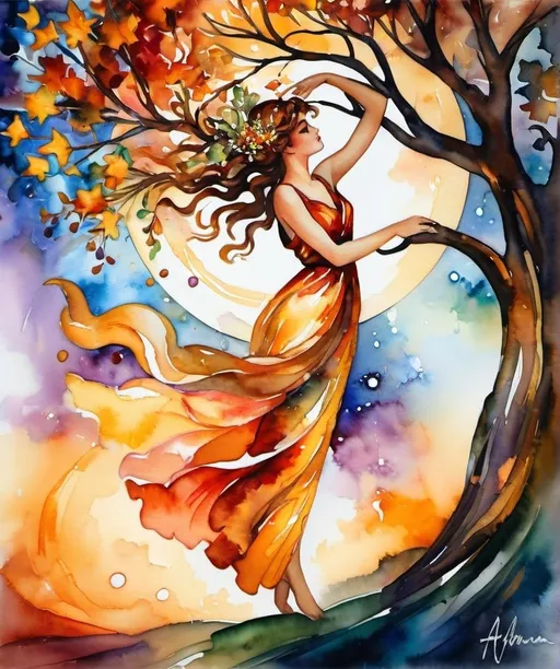 Prompt: Myrrha turning into a myrrh tree persued by Apollo, nostalgic, leonid afremov, alphonse mucha, watercolors