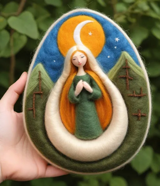 Prompt: needle felted Hildegard von Bingen i kiss the sun and hugging the moon ,in style of hildegard von bingen books, rattan ground 