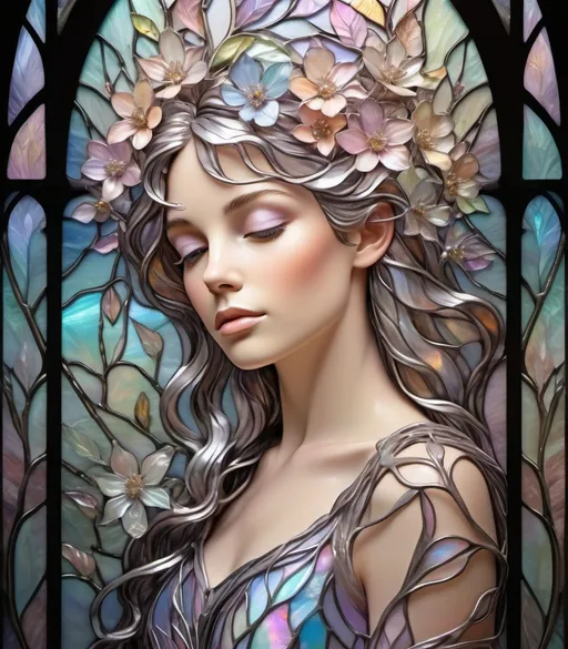 Prompt:  silver and light bronze metallic tree made of delicate pastel flower bouquets and ethereal vines, in the style of luminous pastel-colored stained glass, iridescent pastels, metallic etherealism, in the style of layered translucency, intricate, delicate flowers, breathtakingly beautiful, hyper-detailed, high clarity, crisp and clean, sharp focus, digital mixed media, glossy finish, delicate fragility juxtaposed against a medieval grunge background