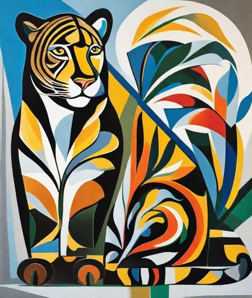 Prompt: abstract by picasso, hot vs cold Leopards, fauna, ecosystem, harmony, wisdom of the ages reflected in creation