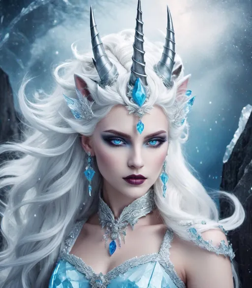 Prompt: medieval grunge vampire unicorn goddess, crystal spiral horn, white wind blown hair, ice blue eyes 