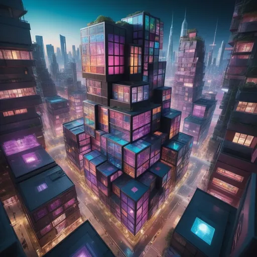 Prompt: a breathtaking, kaleidoscopic cityscape featuring colorful and holographic cube buildings, styled in an innovative bento layout, harmoniously integrated with a heavenly junction rectifier. Each building, a perfect cube, glimmers with holographic surfaces that catch and bend light into a spectrum of vibrant hues, creating a dynamic and ever-changing visual feast reminiscent of a kaleidoscope. These cubes are meticulously arranged in a bento-style format, emphasizing order and aesthetic balance. This layout presents a neat, compact organization, where each building is both a separate entity and a part of the larger, harmonious whole. At the heart of this scene is the heavenly junction rectifier, a central structure that stands out with its intricate design and ethereal glow. It acts as the focal point, seamlessly connecting the various elements of the cityscape. This rectifier is not just functional but also an artistic masterpiece, symbolizing the unity and energy flow within this vibrant urban environment. The overall composition is a stunning fusion of traditional bento aesthetics with futuristic architectural concepts, creating a cityscape that is both otherworldly and structured, a place where the magic of colors and the elegance of geometry coalesce to form a visually stunning and heavenly urban utopia. 