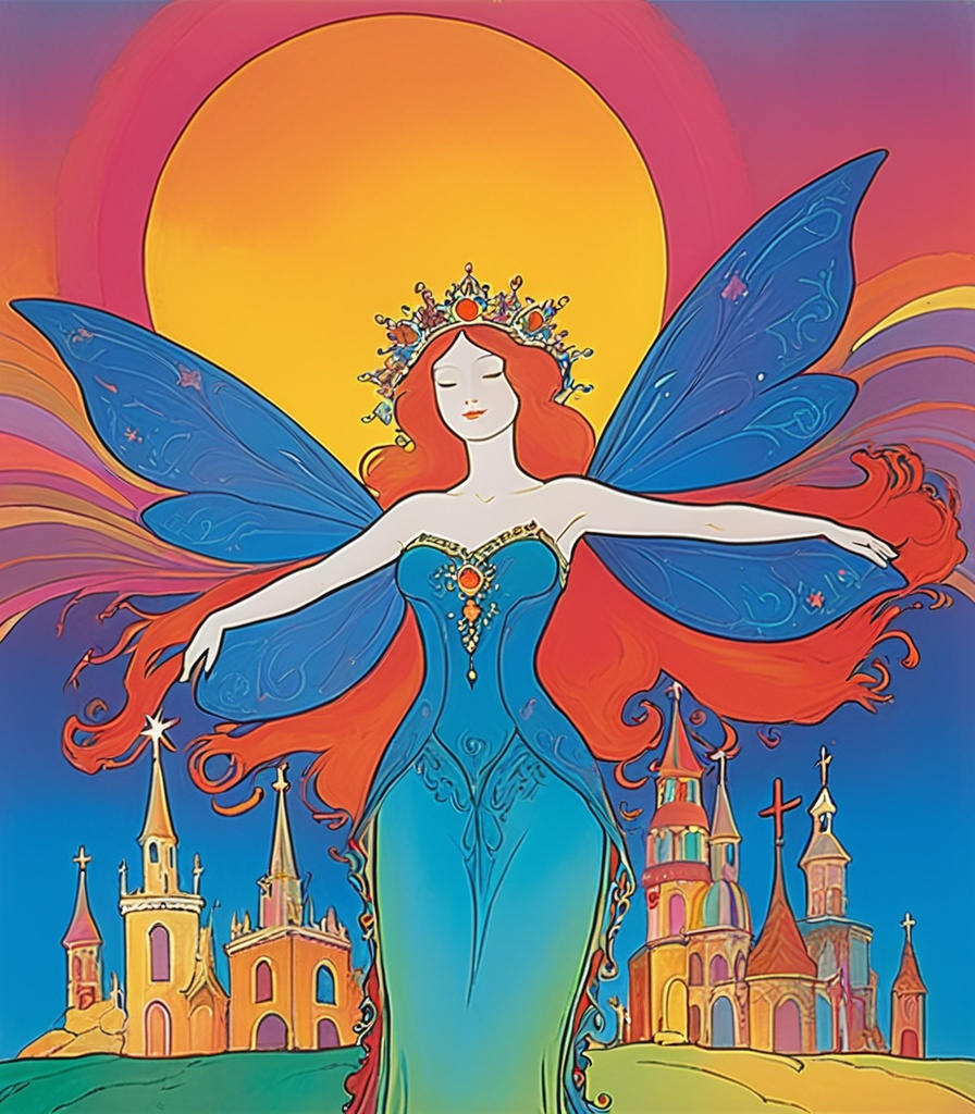 Prompt: show me the spirit that moves me, medieval grunge fairy tale by Peter Max and Victor Moscoso 