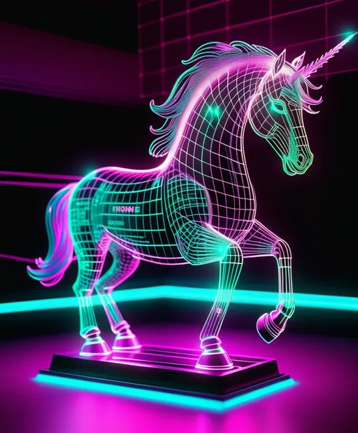 Prompt: vaporwave wireframe hologram of a unicorn 