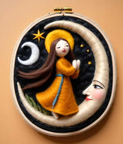 Prompt: needle felted Hildegard von Bingen i kiss the sun and hugging the moon ,in style of hildegard von bingen books, rattan ground 