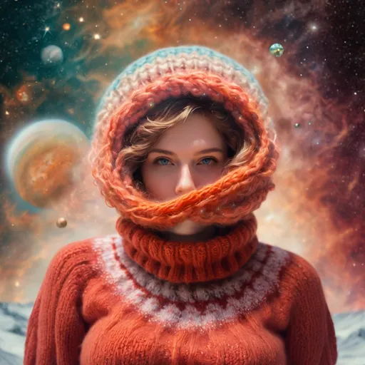 Prompt: She is a celestial demiurge knitting circle knitting into existence Jupiter's atmosphere made of knitted ugly sweater, macro Hubble photography double-exposure 