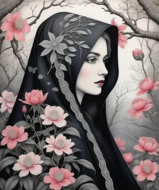 Prompt: Craquelure, tempera, Fine art etching: a woman with a veil in her hair, Victoria Frances, Dan Hillier, Edward Gorey style, surrounded by branches, camellia, daisy, hibiscus, leaf, lips, long hair, rose, solo, spider lily, spot coloring, tulip, with craquelure silver patina background, fantasy art, a detailed drawing decoupage, black, pink and white gradient coloring, a detailed drawing