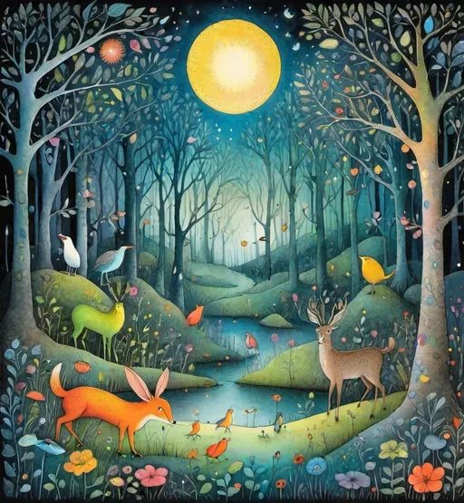 Prompt: The very Pretty girl and beautiful creatures at a magical night forest Illustration art by Michael Leunig, Desmond Morris. 3d, Watercolor and ink, impasto, volumetric lighting, spectacular, intricate, beautiful, fantastic view, extremely detailed