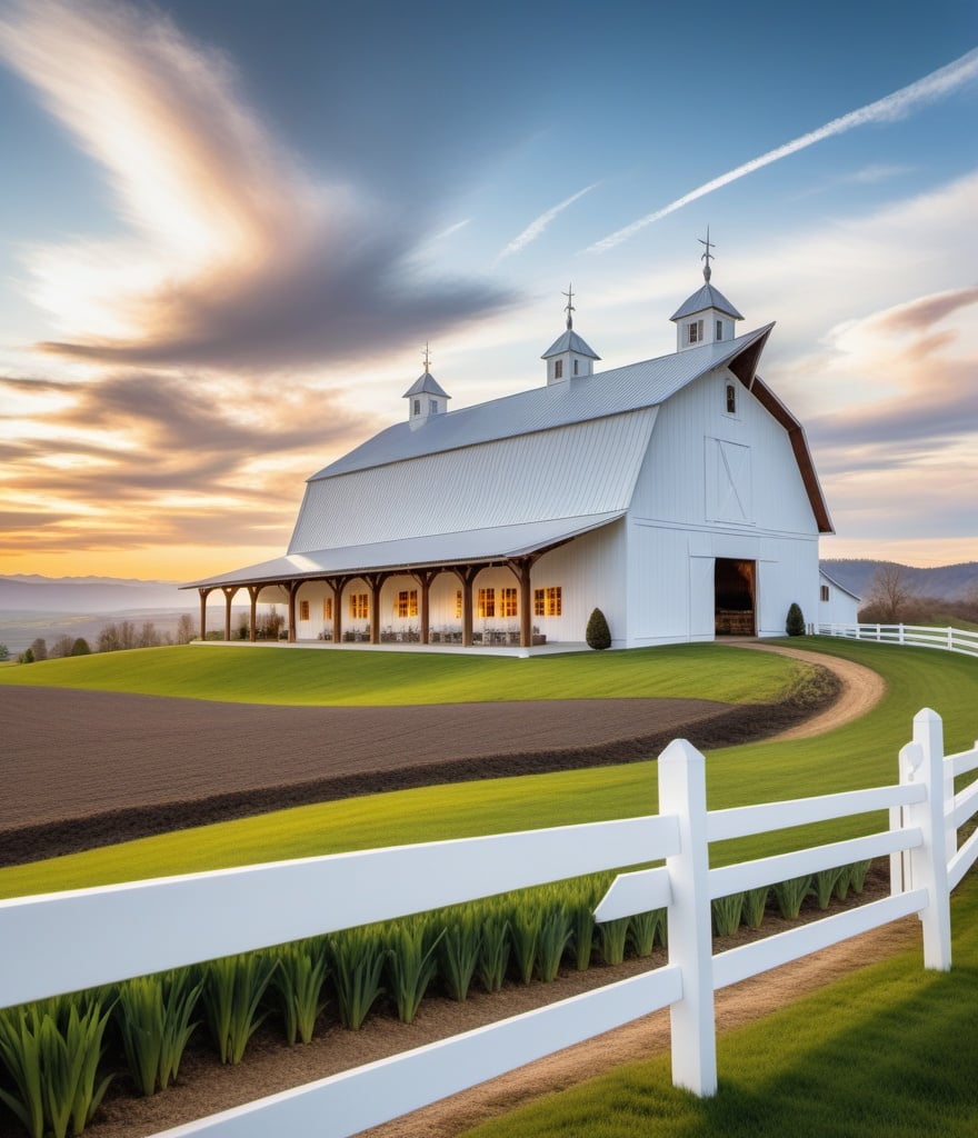 Prompt: luxury white barn Easter brunch, in the style of mountainous vistas, richly colored skies, frontal perspective, abstract bucolic landscape photography, sleek metallic finish, sophisticated woodblock, detailed architecture and gate 
