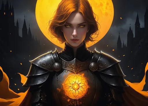 Prompt: soul of medieval grunge, The person's eyes are a captivating feature, glowing smoothly with a luminous yellow-orange hue, creating a stark contrast against the dark surroundings 