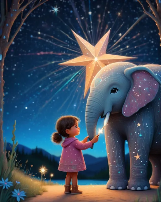 Prompt: The little native American super cute girl holding her star magic wand posing with her cute elephant friend. In style of james r eads and Sam Toft. Naive art, 3d, extremely detailed, intricate cinematic lighting, high definition 