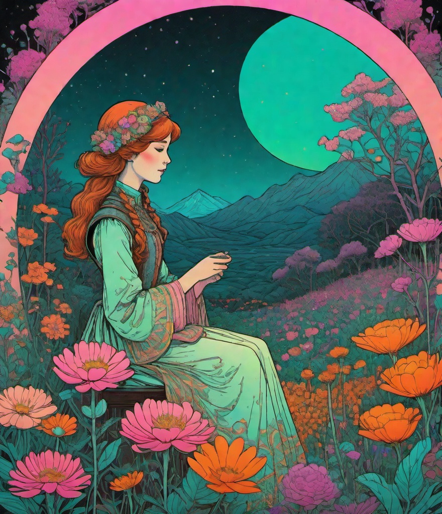 Prompt: neon victorian, bifrost in a setting full of flowers, in the style of anime aesthetic, colorful moebius, stipple, pop art references, art brut influences, 1970’s woodblock, gwen frostic print, vintage, faded, pink orange green brown, grainy, children’s book illustration, nature poem illustration, retrofuturism, steampunk synthwave 