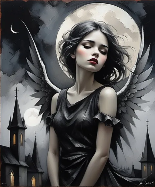 Prompt: La darling fallen angel girl Gargoyle, moonlight, Daarken, wlop, Sam Toft, Esao Andrews, Gloomy atmosphere, abstract art painting, Gritty texture, lose brushstrokes impasto, white black