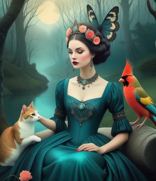 Prompt: Style by Anastazja Markowicz, Jarosław Jaśnikowski, tom bagshaw, Catrin Welz-Stein, Kathleen Lolley: The wandering beautiful mythical  mage, she sings a whimsical tune to enchant the animals, whimsical landscape, Vivid colors, beautiful, dreamy.  