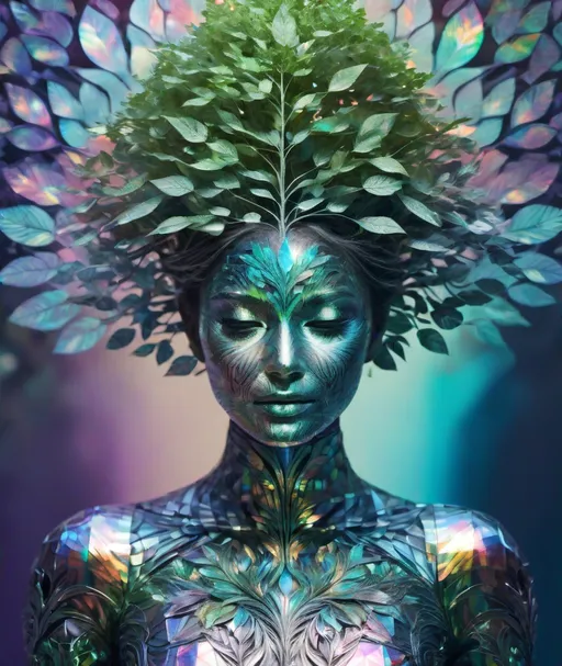 Prompt: a human body which looks like a tree, head like a treetop, wearing a sartorial beautiful dress out of holographic patterns, iridescent, leaves shaped out of metal, lightfull scene, mystical, ritualistic