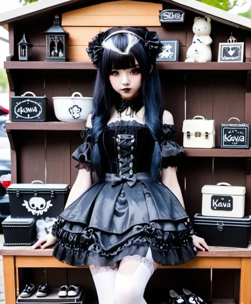 Prompt: garage sale. Cutecore . Girl, gothic kawai. 