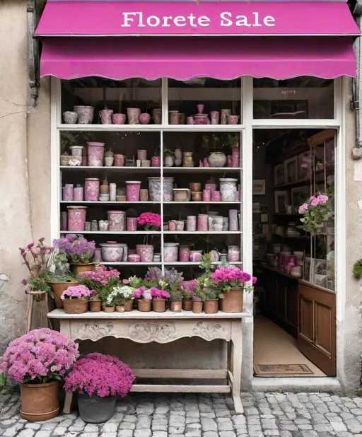 Prompt: floral print garage sale floretete shop window art print, in the style of florianne becker, lucy grossmith, albert marquet, charming character illustrations, detailed environments, fujifilm neopan, magenta and bronze 