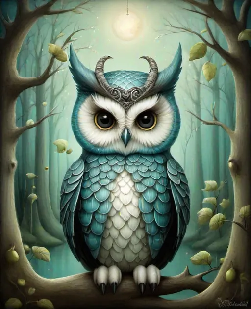 Prompt: anthropomorphic horned owl in a dreamlike setting. work of Nicoletta Ceccoli 