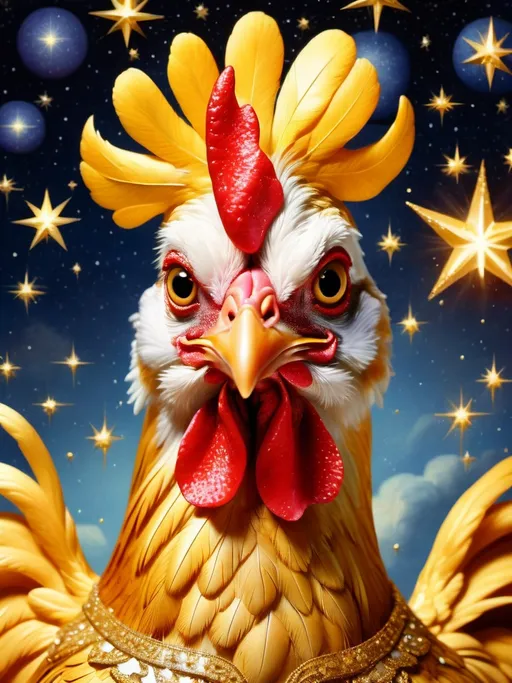 Prompt: handsome golden metaphorical chicken of King George, by Pierre et Gilles, sparklecore, starry skies