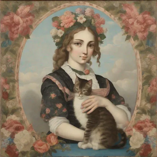 Prompt: floral decoupage painting depicting a cat girl maid, christian iconography 