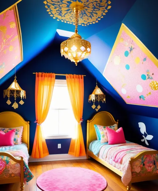 Prompt: in the attic girl bedroom with chandeliers, colorful decorations and, in the style of kawaii aesthetic, gold leaf overlay, vibrant tapestries, intricate cut-outs, cottagepunk, vintage vibe, glowing colors 