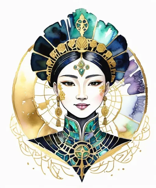 Prompt: baroque kintsugi watercolor and ink illustration, Polished Abalone Shell, Smiling Cybernetic Neptunian Queen on a bright gradient background, in the style of Ancient Zen aesthetics, Zen symbolism, Celtic motifs, Vulcan Meditation, Sci-fi Symbols, manga academia, scraped and scratched, black velvet, gold foil, patina bronze and dark silver, minimalism 