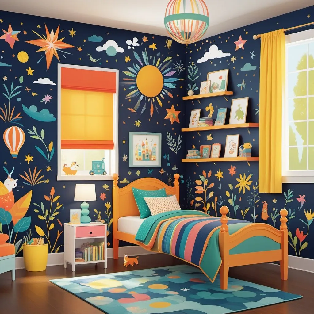 Prompt: a digital illustration presenting a fantasy pattern embellishing the walls of a children's bedroom, featuring a charming array of characters and elements from both boys' and girls' fantasies, rendered in a colorful and detailed style reminiscent of Mary Blair's whimsical artwork. Color temperature: Cheerful and bright. Lighting: Soft, warm glow from fantasy elements. Atmosphere: Whimsical and inviting.