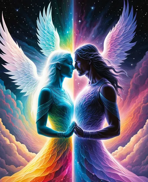 Prompt: bifrost connecting the divine feminine and the divine masculine, epic ethereal, radiating sacred beauty