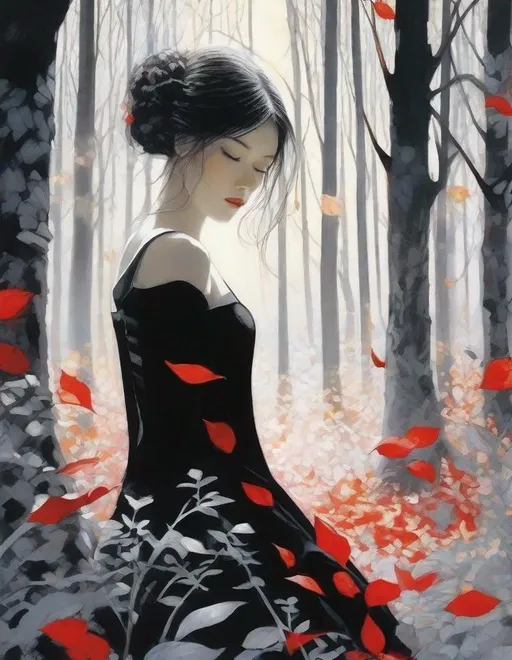 Prompt: A beautiful young lady, beautiful face, wearing black/silver dress in a ghostly forest of white stem trees with red leaves, god rays through the tees, rim lighting, art by  Masaaki Sasamoto, Yves Saint-Laurent, Paolo Roversi, Thomas Edwin Mostyn, Hiro isono, James Wilson Morrice, Axel Scheffler, Gerhard Richter, pol Ledent, Robert Ryman. Guache Impasto and volumetric lighting. Mixed media, elegant, intricate, beautiful, award winning, fantastic view, 4K 3D, high definition, hdr, focused, iridescent watercolor and ink