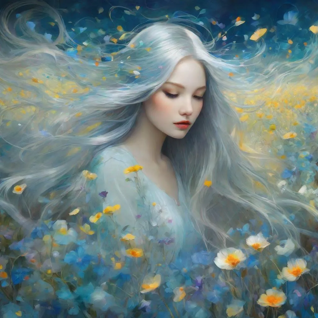Prompt: A very pretty dreamy girl, beautiful face, upturned hazel eyes, long floating ombre platinum silver and blue hair in a field of flowers art by Lin Fengmian, Anna dittmann, Justin Gaffrey, John Lowrie Morrison, Patty Maher, John Ruskin, Chris Friel, van Gogh, Valerie Hegarty, endre penovac. 3d, soft colors watercolors and ink, beautiful, fantastic view, extremely detailed, intricate, best quality, highest definition