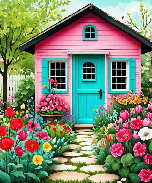 Prompt: textile garage sale trash polka art, large beautiful flower garden, cute little garden shed, Spring