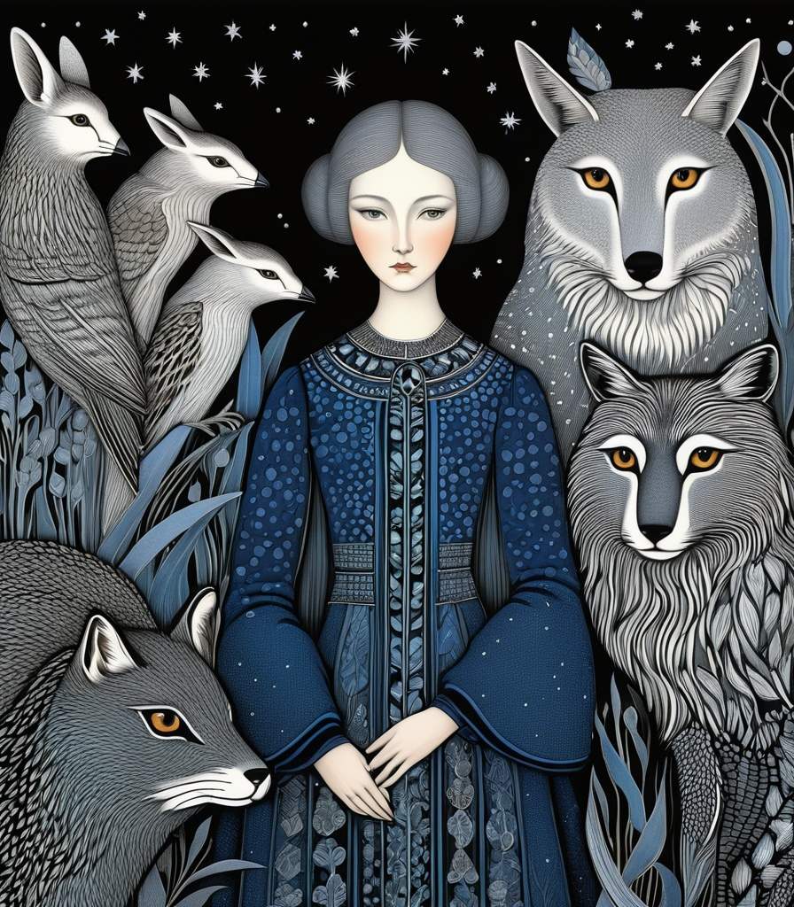 Prompt: She is a night girl with night animals style of Genevieve Godbout, Morris Hirshfield, Robert Gillmor, Amy Giacomelli. Extremely detailed, intricate, beautiful, 3d, high definition 